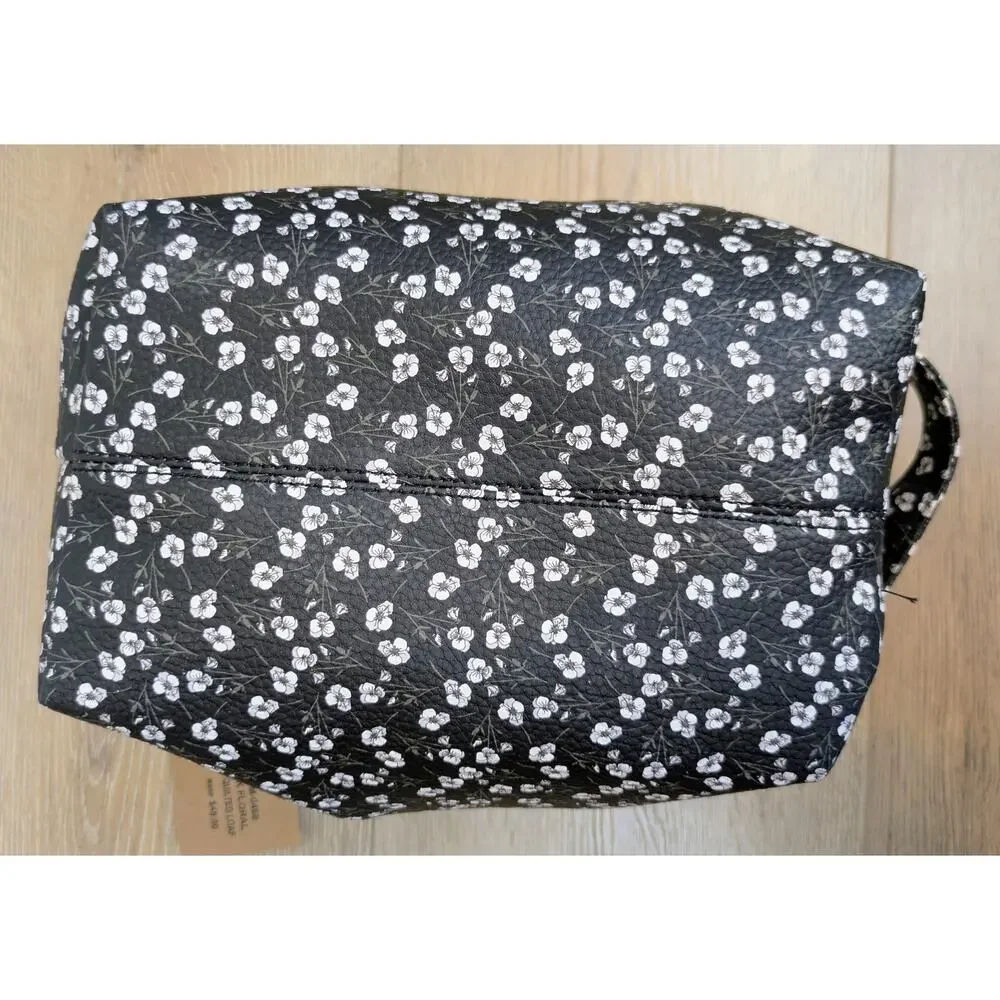 Steve Madden Large Cosmetic Bag Black White Mini Floral Coated Quilted Lined NEW